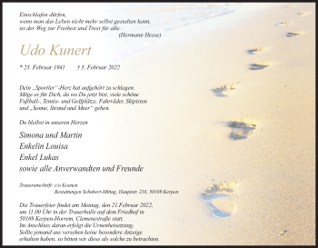 Anzeige von Udo Kunert von Kölner Stadt-Anzeiger / Kölnische Rundschau / Express