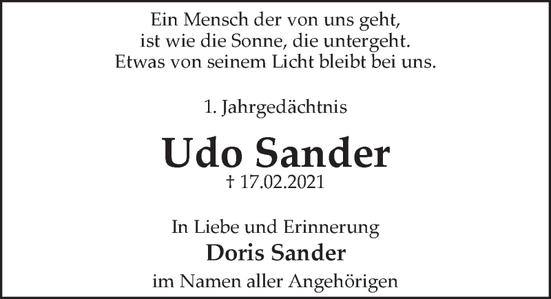 Traueranzeige für Udo Sander vom 18.02.2022 aus  Anzeigen Echo 