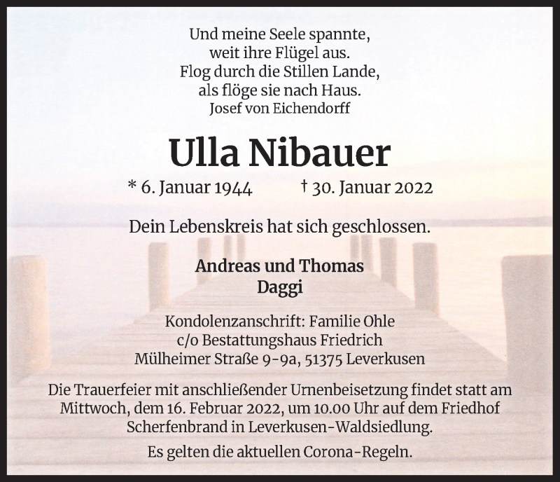 Traueranzeige für Ulla Nibauer vom 12.02.2022 aus Kölner Stadt-Anzeiger / Kölnische Rundschau / Express