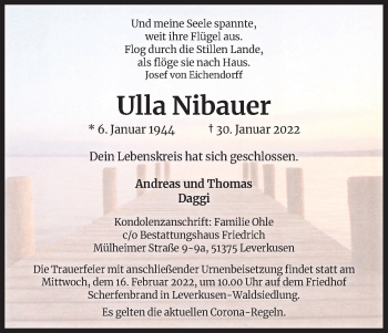 Anzeige von Ulla Nibauer von Kölner Stadt-Anzeiger / Kölnische Rundschau / Express