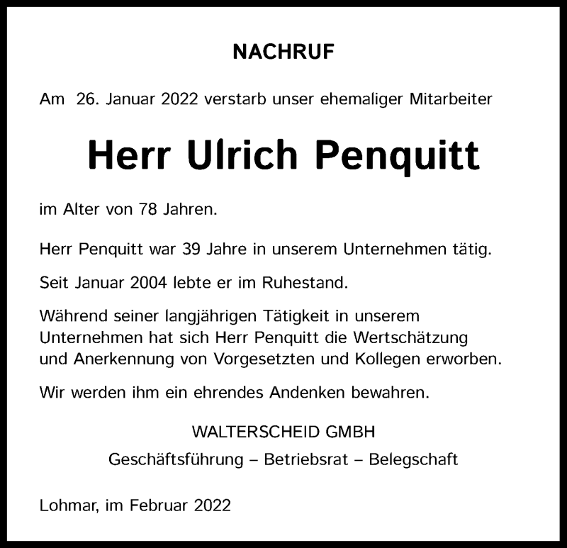  Traueranzeige für Ulrich Penquitt vom 12.02.2022 aus Kölner Stadt-Anzeiger / Kölnische Rundschau / Express