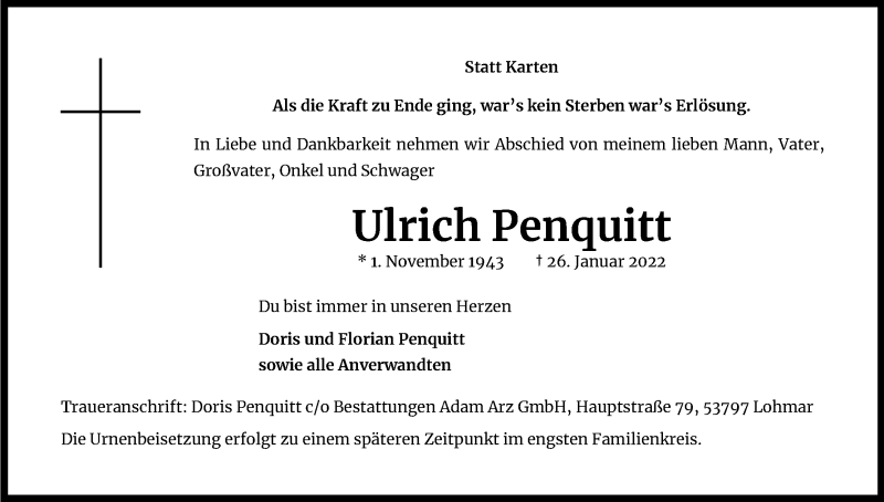  Traueranzeige für Ulrich Penquitt vom 12.02.2022 aus Kölner Stadt-Anzeiger / Kölnische Rundschau / Express