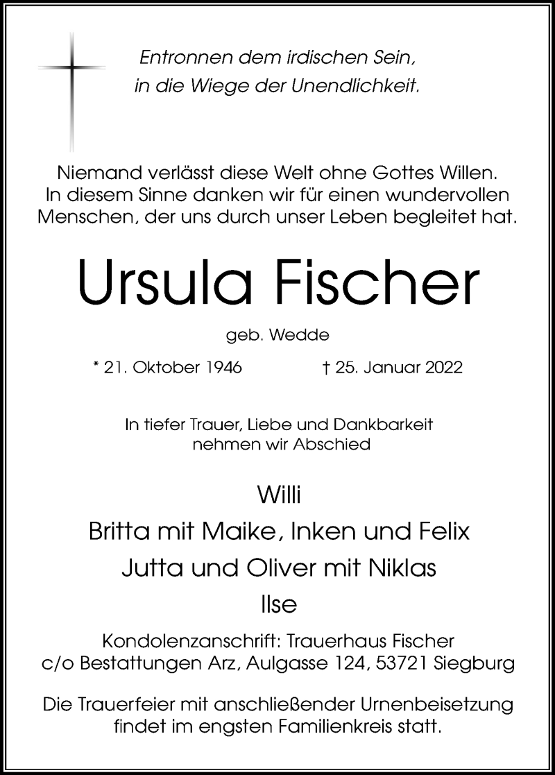  Traueranzeige für Ursula Fischer vom 05.02.2022 aus Kölner Stadt-Anzeiger / Kölnische Rundschau / Express