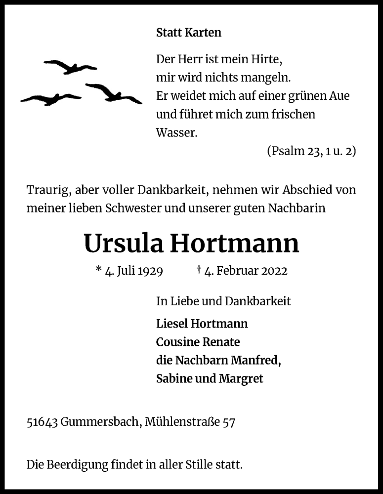  Traueranzeige für Ursula Hortmann vom 12.02.2022 aus Kölner Stadt-Anzeiger / Kölnische Rundschau / Express