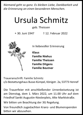 Anzeige von Ursula Schmitz von Kölner Stadt-Anzeiger / Kölnische Rundschau / Express