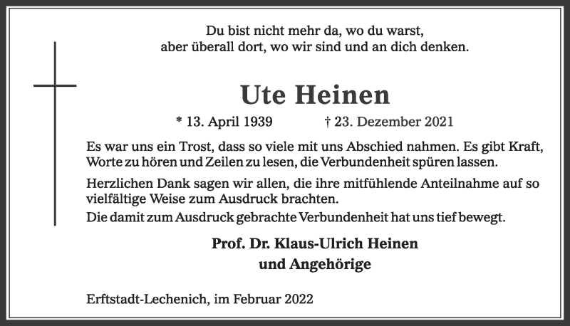  Traueranzeige für Ute Heinen vom 11.02.2022 aus  Werbepost 