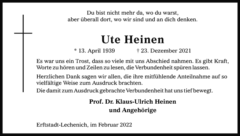  Traueranzeige für Ute Heinen vom 12.02.2022 aus Kölner Stadt-Anzeiger / Kölnische Rundschau / Express