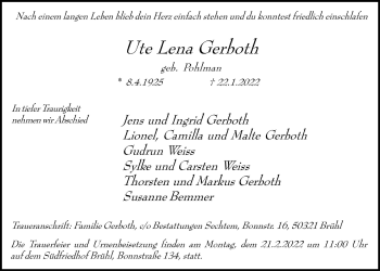 Anzeige von Ute Lena Gerboth von  Schlossbote/Werbekurier 