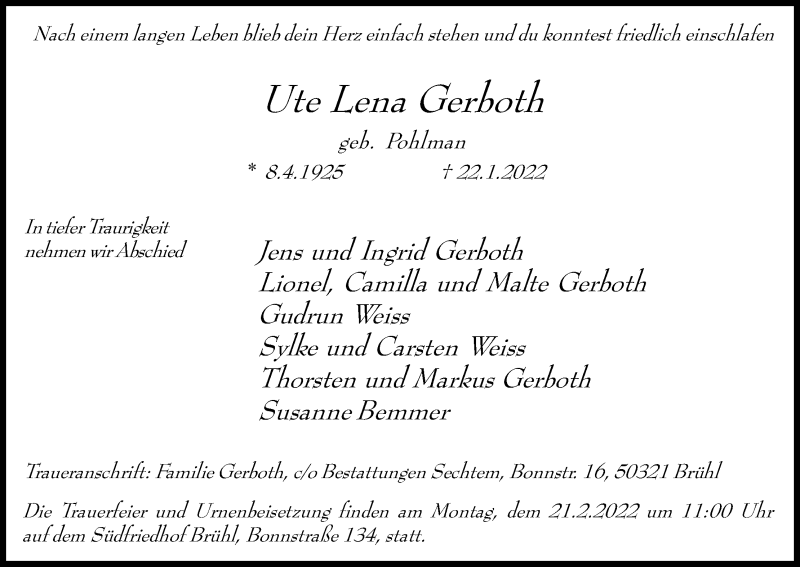  Traueranzeige für Ute Lena Gerboth vom 05.02.2022 aus Kölner Stadt-Anzeiger / Kölnische Rundschau / Express