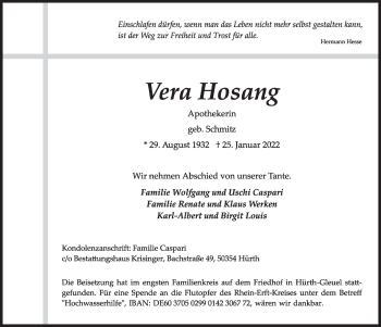 Anzeige von Vera Hosang von  Wochenende 
