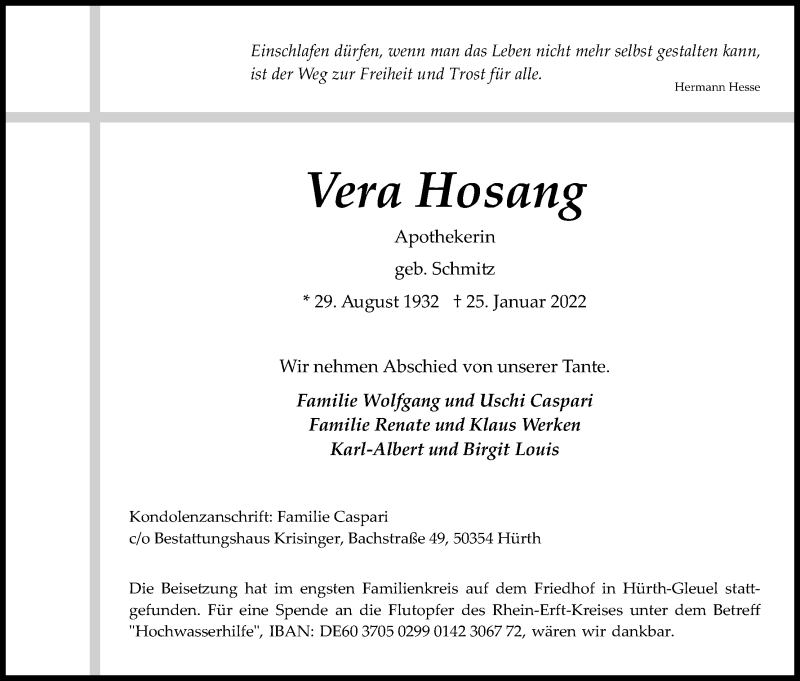  Traueranzeige für Vera Hosang vom 05.02.2022 aus Kölner Stadt-Anzeiger / Kölnische Rundschau / Express