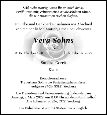Anzeige von Vera Sohns von Kölner Stadt-Anzeiger / Kölnische Rundschau / Express