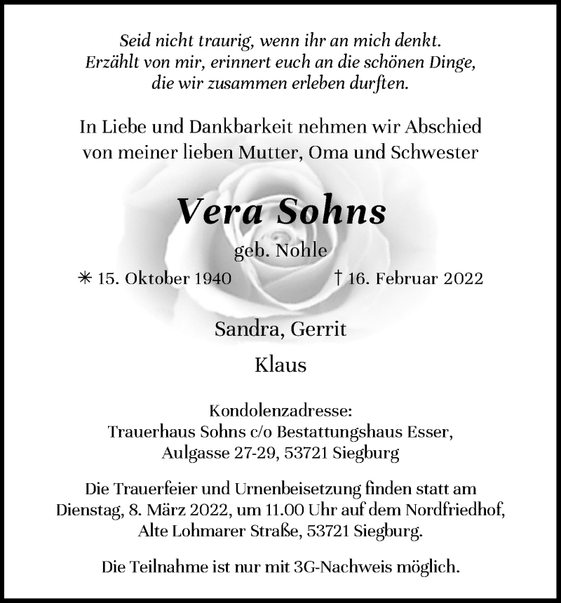  Traueranzeige für Vera Sohns vom 26.02.2022 aus Kölner Stadt-Anzeiger / Kölnische Rundschau / Express