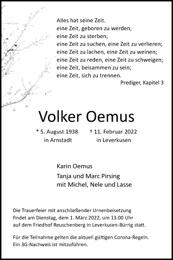 Anzeige von Volker Oemus von Kölner Stadt-Anzeiger / Kölnische Rundschau / Express