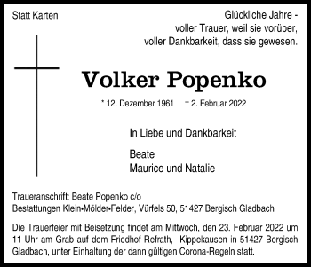 Anzeige von Volker Popenko von Kölner Stadt-Anzeiger / Kölnische Rundschau / Express