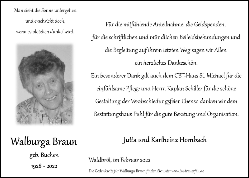  Traueranzeige für Walburga Braun vom 18.02.2022 aus  Lokalanzeiger 