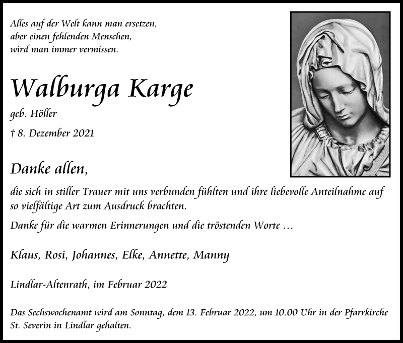  Traueranzeige für Walburga Karge vom 05.02.2022 aus Kölner Stadt-Anzeiger / Kölnische Rundschau / Express