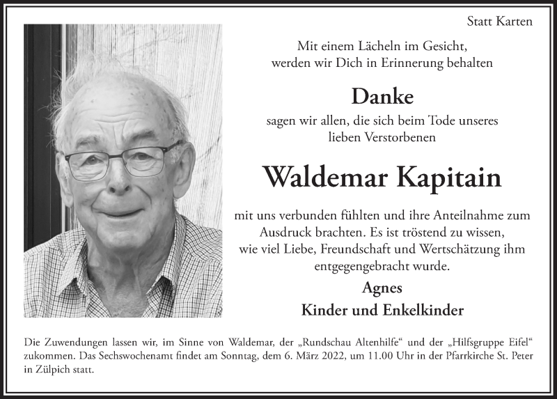  Traueranzeige für Waldemar Kapitain vom 26.02.2022 aus  Blickpunkt Euskirchen 