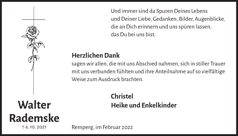  Traueranzeige für Walter Rademske vom 04.02.2022 aus  Anzeigen Echo 