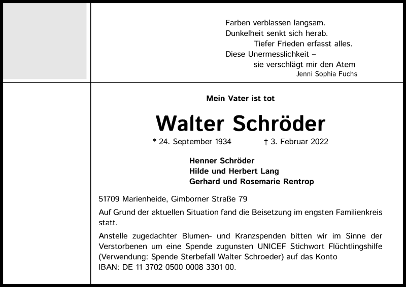  Traueranzeige für Walter Schröder vom 19.02.2022 aus Kölner Stadt-Anzeiger / Kölnische Rundschau / Express