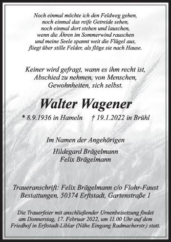 Anzeige von Walter Wagener von  Werbepost 