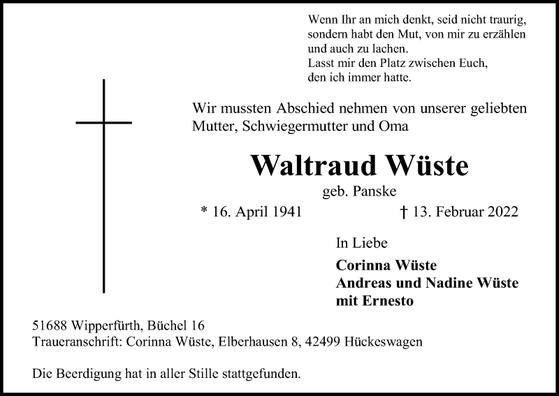  Traueranzeige für Waltraud Wüste vom 26.02.2022 aus Kölner Stadt-Anzeiger / Kölnische Rundschau / Express