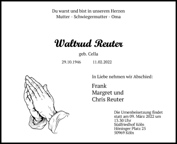 Anzeige von Waltrud Reuter von Kölner Stadt-Anzeiger / Kölnische Rundschau / Express