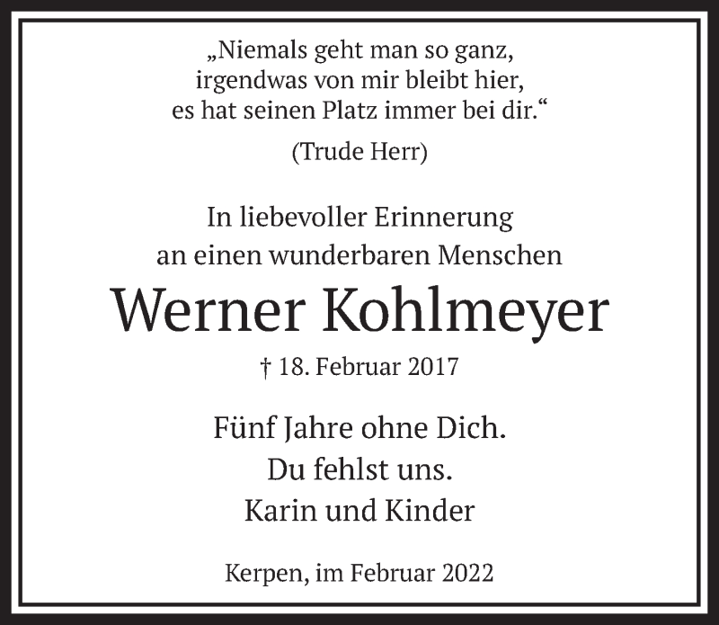  Traueranzeige für Werner Kohlmeyer vom 18.02.2022 aus  Werbepost 