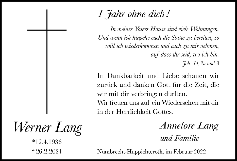  Traueranzeige für Werner Lang vom 25.02.2022 aus  Lokalanzeiger 