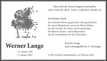 Anzeige von Werner Lange von  Bergisches Handelsblatt 