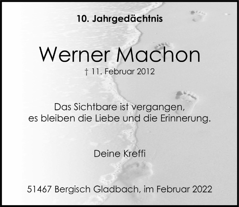  Traueranzeige für Werner Machon vom 11.02.2022 aus  Bergisches Handelsblatt 