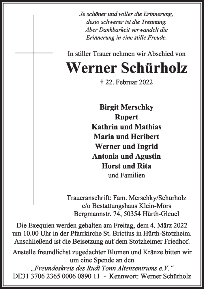  Traueranzeige für Werner Schürholz vom 25.02.2022 aus  Wochenende 