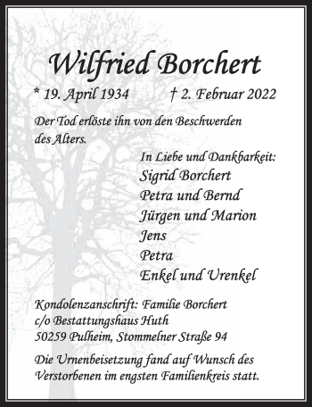 Anzeige von Wilfried Borchert von  Wochenende 