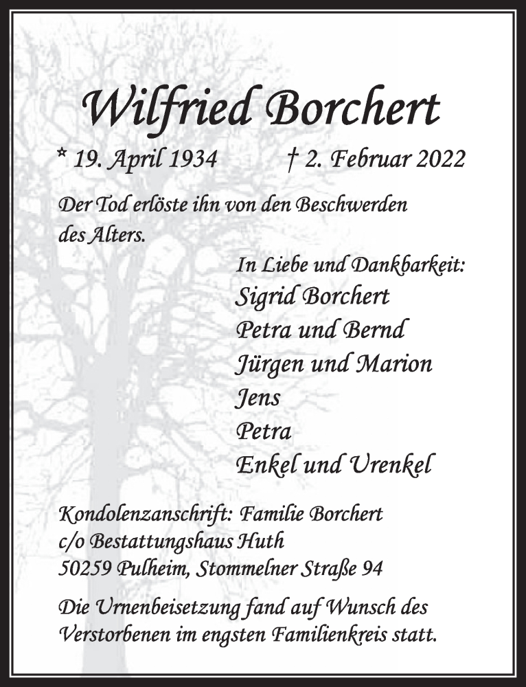  Traueranzeige für Wilfried Borchert vom 18.02.2022 aus  Wochenende 
