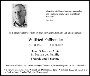 Anzeige von Wilfried Faßbender von Kölner Stadt-Anzeiger / Kölnische Rundschau / Express