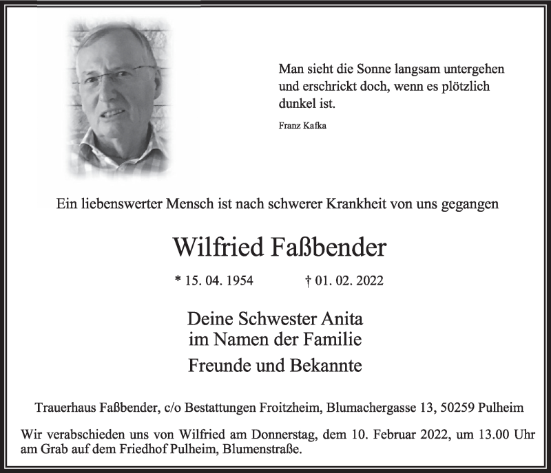  Traueranzeige für Wilfried Faßbender vom 04.02.2022 aus  Wochenende 