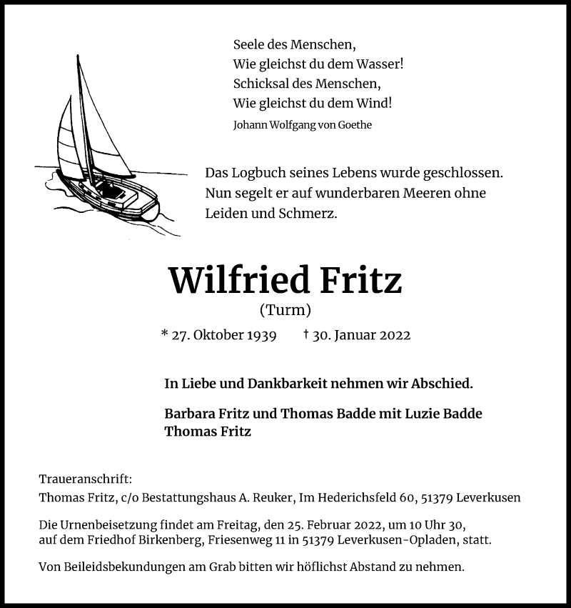  Traueranzeige für Wilfried Fritz vom 19.02.2022 aus Kölner Stadt-Anzeiger / Kölnische Rundschau / Express