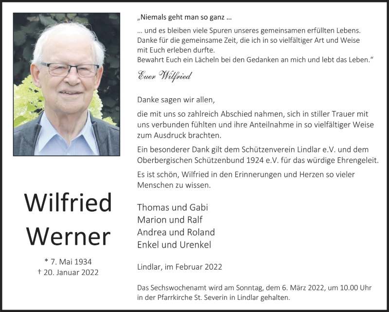  Traueranzeige für Wilfried Werner vom 25.02.2022 aus  Bergisches Handelsblatt 