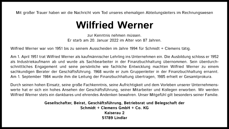 Traueranzeige für Wilfried Werner vom 05.02.2022 aus Kölner Stadt-Anzeiger / Kölnische Rundschau / Express