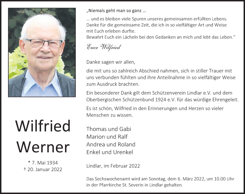  Traueranzeige für Wilfried Werner vom 26.02.2022 aus Kölner Stadt-Anzeiger / Kölnische Rundschau / Express