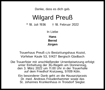 Anzeige von Wilgard Preuß von Kölner Stadt-Anzeiger / Kölnische Rundschau / Express