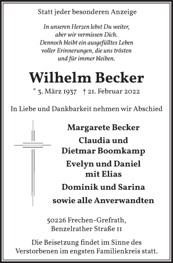 Anzeige von Wilhelm Becker von  Wochenende 