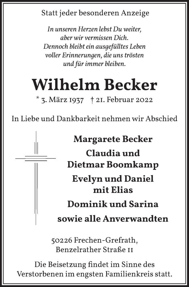  Traueranzeige für Wilhelm Becker vom 25.02.2022 aus  Wochenende 