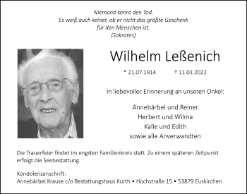 Anzeige von Wilhelm Leßenich von  Blickpunkt Euskirchen 