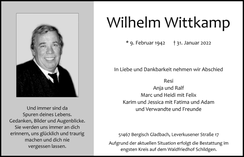  Traueranzeige für Wilhelm Wittkamp vom 11.02.2022 aus  Bergisches Handelsblatt 