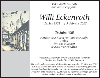 Anzeige von Willi Eckenroth von Kölner Stadt-Anzeiger / Kölnische Rundschau / Express