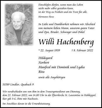Anzeige von Willi Hachenberg von Kölner Stadt-Anzeiger / Kölnische Rundschau / Express