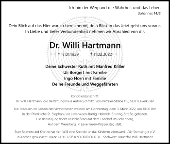 Anzeige von Willi Hartmann von Kölner Stadt-Anzeiger / Kölnische Rundschau / Express