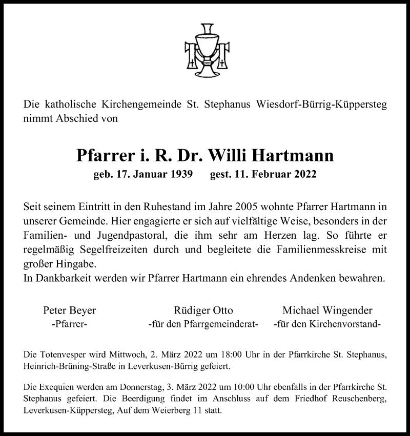 Traueranzeige für Willi Hartmann vom 26.02.2022 aus Kölner Stadt-Anzeiger / Kölnische Rundschau / Express