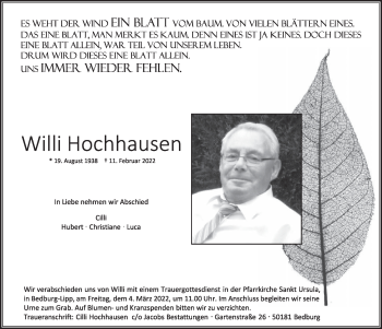 Anzeige von Willi Hochhausen von  Werbepost 